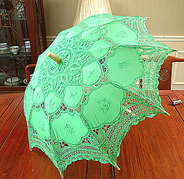 Irish Green battenburg lace parasol. 16" ( 32" Full Open)